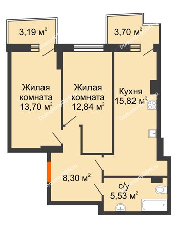 2 комнатная квартира 58,26 м² в ЖК Сердце Ростова 2, дом Литер 1