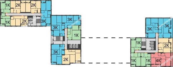 Планировка 9 этажа в доме 1 этап, секции 11,12,13,14 в ЖК Бунин