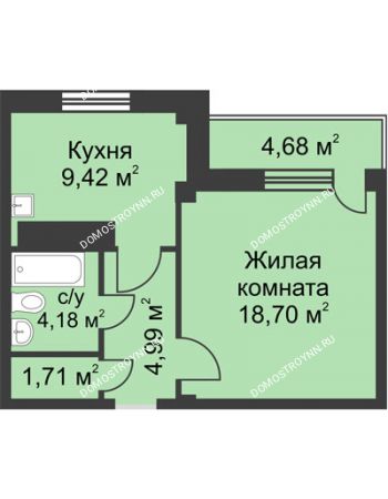 1 комнатная квартира 41,1 м² в ЖК На Победной, дом № 4