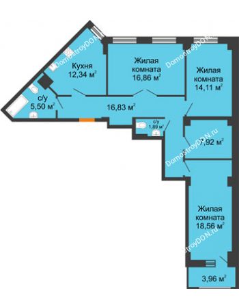 3 комнатная квартира 95,98 м² в ЖК Кристалл, дом Литер 1