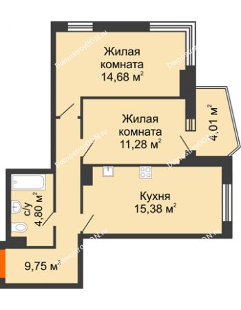 2 комнатная квартира 58,19 м² в ЖК Сердце Ростова 2, дом Литер 1