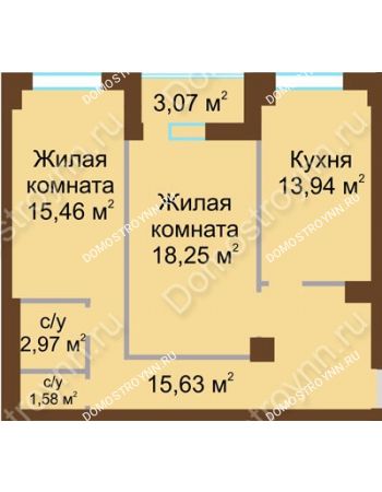 2 комнатная квартира 69,37 м² - ЖК Грани