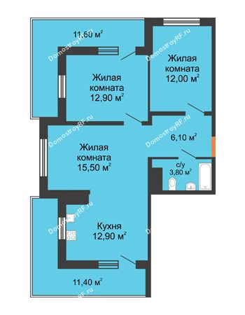 3 комнатная квартира 63,2 м² в ЖК Грани, дом Литер 3