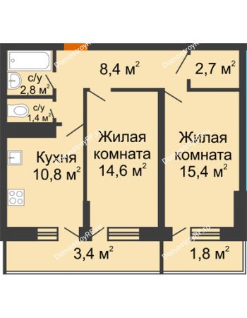 2 комнатная квартира 61,3 м² в Фруктовый квартал Абрикосово, дом Литер 3