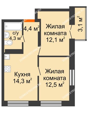 2 комнатная квартира 48,53 м² в ЖК Заречье, дом № 1, секция 1