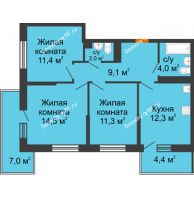3 комнатная квартира 64,6 м² в ЖК Отражение, дом Литер 1.2 - планировка