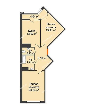 2 комнатная квартира 66,3 м² в ЖК Сердце, дом № 1