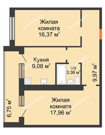 2 комнатная квартира 63,49 м² в ЖК Новая Самара, дом № 44