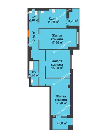 3 комнатная квартира 89,9 м² в ЖК Парк Островского 2, дом № 1