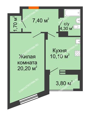 1 комнатная квартира 45,3 м² - ЖД по ул. Радио