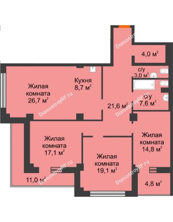 4 комнатная квартира 120,3 м² в ЖК Перья, дом № 1, 4 этап