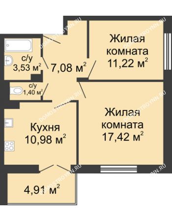 2 комнатная квартира 54,08 м² в ЖК Клевер, дом № 1