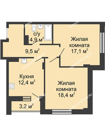 2 комнатная квартира 64,4 м² в ЖК Цветы, дом № 15