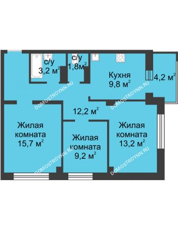 3 комнатная квартира 67,4 м² в ЖК Аквамарин, дом №2