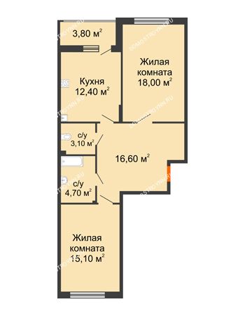 2 комнатная квартира 71,8 м² в ЖК Цветы, дом № 6-2