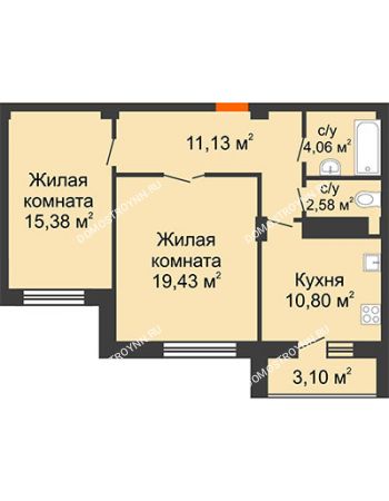 2 комнатная квартира 65,43 м² в ЖК Облака, дом № 2