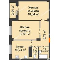 2 комнатная квартира 61,95 м² в ЖК Облака, дом № 2 - планировка