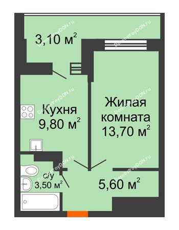 1 комнатная квартира 37,3 м² в ЖК SkyPark (Скайпарк), дом Литер 1, корпус 1, блок-секция 2-3
