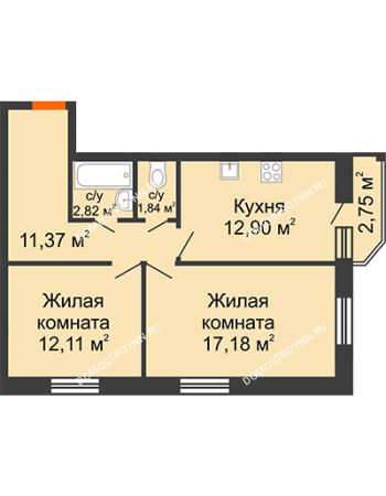 2 комнатная квартира 59,1 м² в ЖК Академический, дом № 15