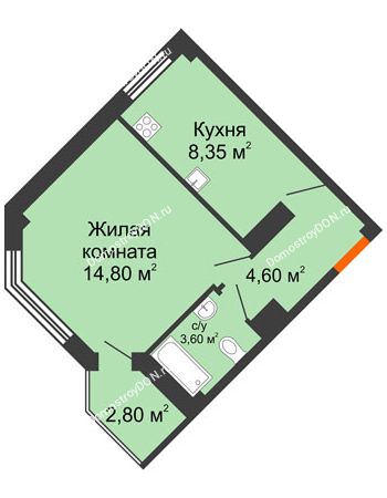 1 комнатная квартира 34,4 м² в ЖК Донские Просторы, дом Позиция 1