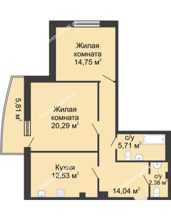 2 комнатная квартира 75,5 м² в ЖК Тихий Дон, дом № 1