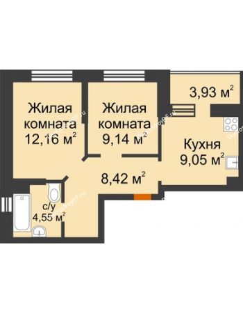 2 комнатная квартира 45,29 м² в ЖК Светлоград, дом Литер 16