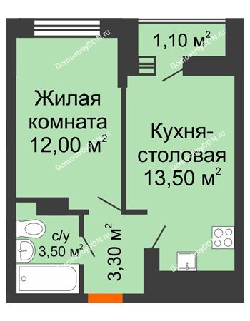 1 комнатная квартира 33,4 м² в ЖК SkyPark (Скайпарк), дом Литер 1, корпус 1, блок-секция 2-3