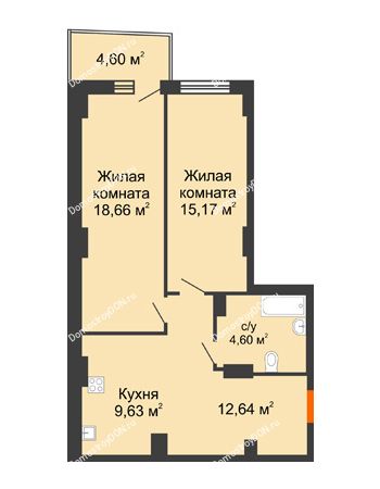 2 комнатная квартира 61,84 м² в ЖК Сердце Ростова 2, дом Литер 8