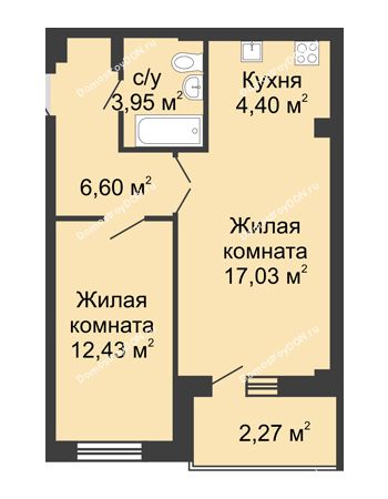 2 комнатная квартира 48,4 м² в ЖК Соловьиная роща, дом № 7