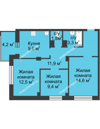 3 комнатная квартира 65,3 м² в ЖК Аквамарин, дом №2