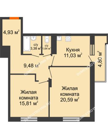 2 комнатная квартира 69,26 м² в ЖК Циолковский, дом № 5