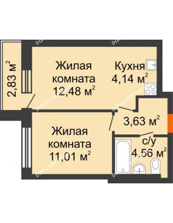 2 комнатная квартира 36,67 м² - ЖК Каскад на Путейской