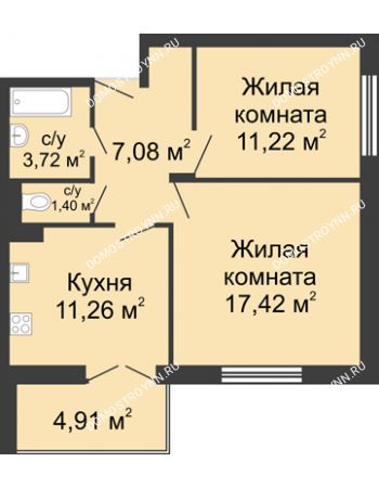 2 комнатная квартира 54,55 м² в ЖК Клевер, дом № 1