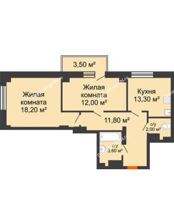 2 комнатная квартира 57,95 м² в ЖК Сокол Градъ, дом Литер 3 (6)