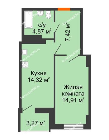1 комнатная квартира 43,27 м² в ЖК Аврора, дом № 1