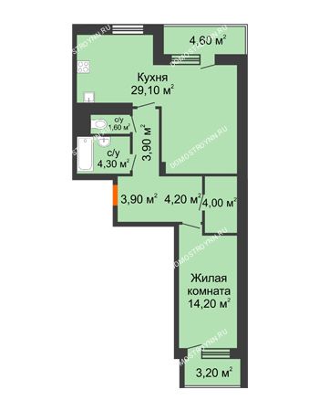 1 комнатная квартира 69,1 м² в ЖК Корица, дом № 1
