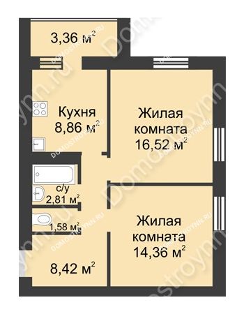 2 комнатная квартира 55,98 м² - ЖК Буревестник