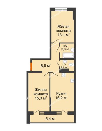 2 комнатная квартира 62,4 м² в ЖК Самолет, дом 2 очередь - Литер 3