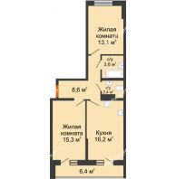 2 комнатная квартира 62,4 м² в ЖК Самолет, дом 2 очередь - Литер 3 - планировка