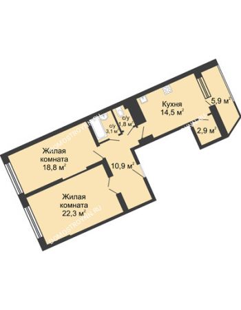 2 комнатная квартира 80,3 м² в ЖК Монолит, дом № 89, корп. 3
