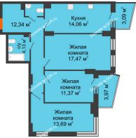 3 комнатная квартира 77,3 м² в ЖК Город у реки, дом Литер 8 - планировка