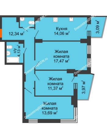 3 комнатная квартира 77,3 м² в ЖК Город у реки, дом Литер 8