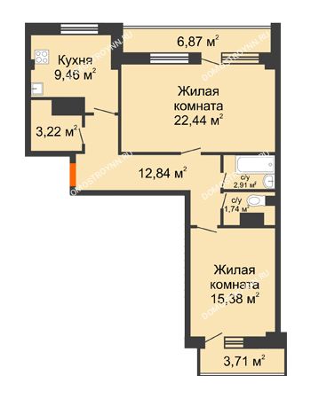 2 комнатная квартира 67,99 м² - ЖД Анкудиновский