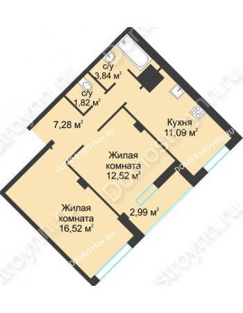 2 комнатная квартира 56,06 м² в ЖК На Вятской, дом № 3 (по генплану)