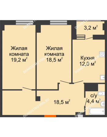 2 комнатная квартира 74,2 м² в ЖК Квартет, дом № 3