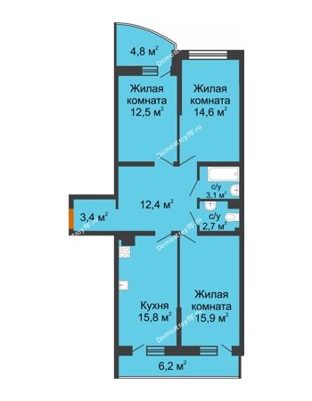 3 комнатная квартира 85,9 м² в ЖК Самолет, дом 4 очередь - Литер 22
