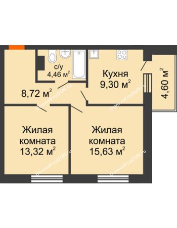 2 комнатная квартира 56,03 м² в ЖК Гвардейский 3.0, дом Секция 1