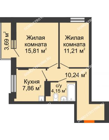 2 комнатная квартира 51,12 м² - ЖД по ул. Сухопутная