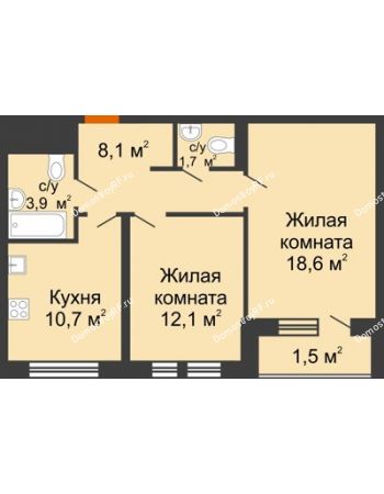 2 комнатная квартира 56,7 м² в ЖК Озерный парк, дом Корпус 5.1