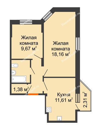 2 комнатная квартира 49,73 м² в ЖК Аквамарин, дом Секция 1 